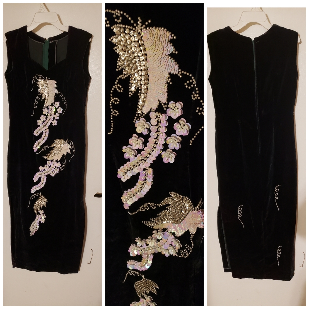 Vintage Hand Beaded and Sequin Dress Green Velvet